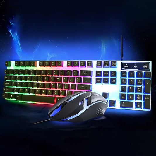 Colorful backlit keyboard and mouse set from Wiregenix, showcasing vibrant RGB lighting.