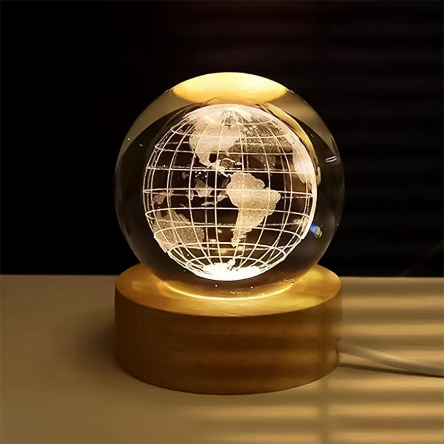 3D Crystal Ball Lamp – World Globe Design, Wooden Base | Indo Glow