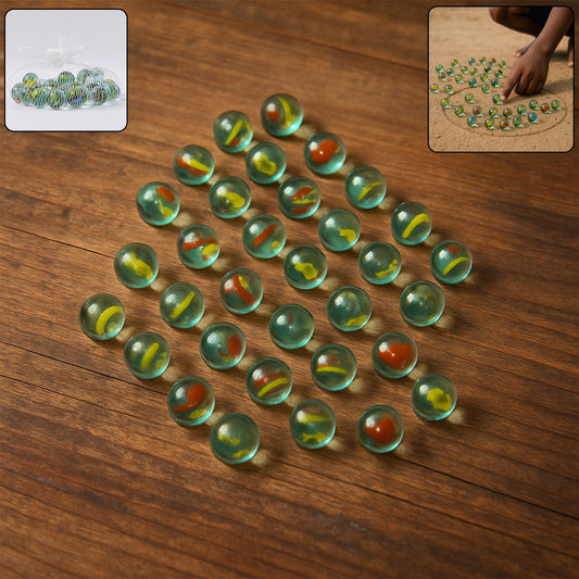 Approx 35 colorful classic glass marbles set with vibrant swirls for kids play