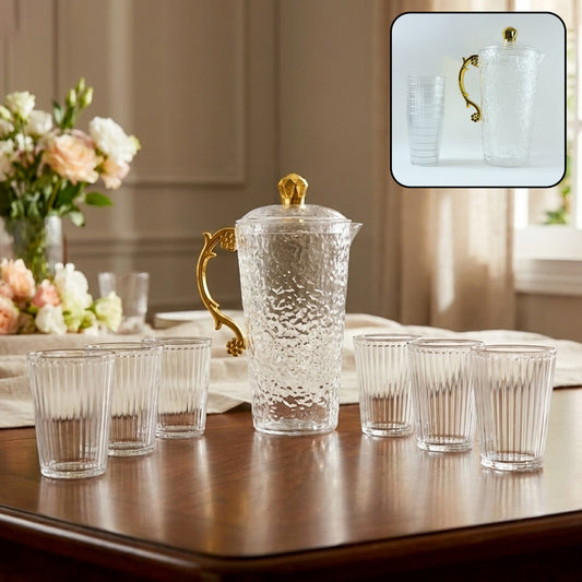 Textured glass water jug set with six matching glasses on dining table