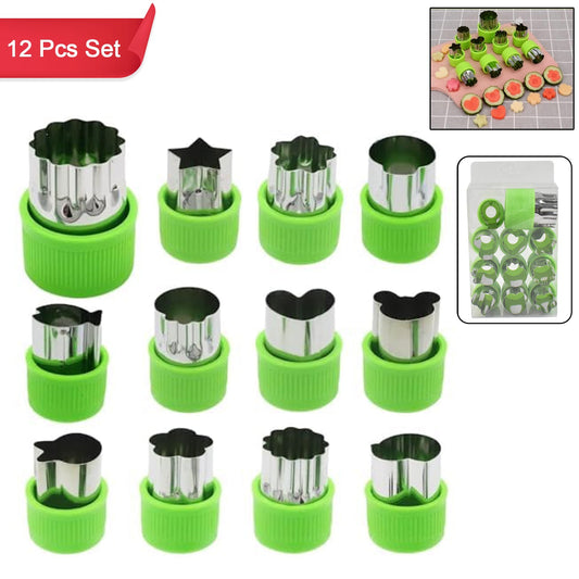 Complete 12-piece stainless steel cookie cutter set with various shapes for baking.