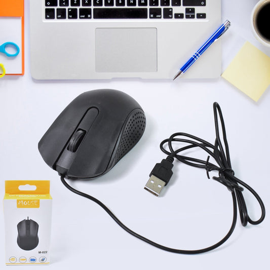 Black Compshop Wired Optical Mouse M-022 with USB cable on a desk.