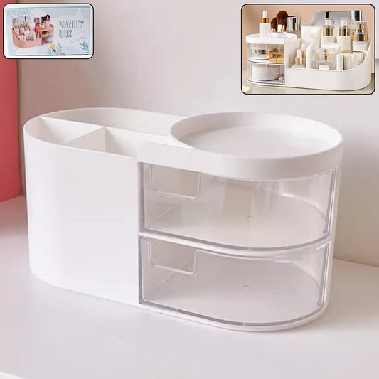 White plastic vanity organizer with rotating tray and dual pull-out drawers