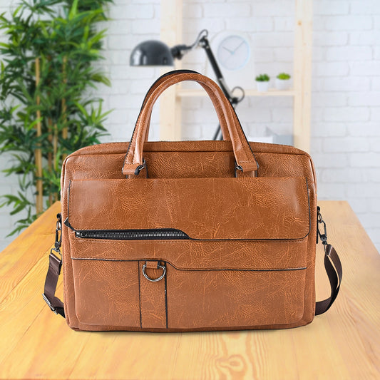 Tan brown faux leather laptop messenger bag with shoulder strap and handles
