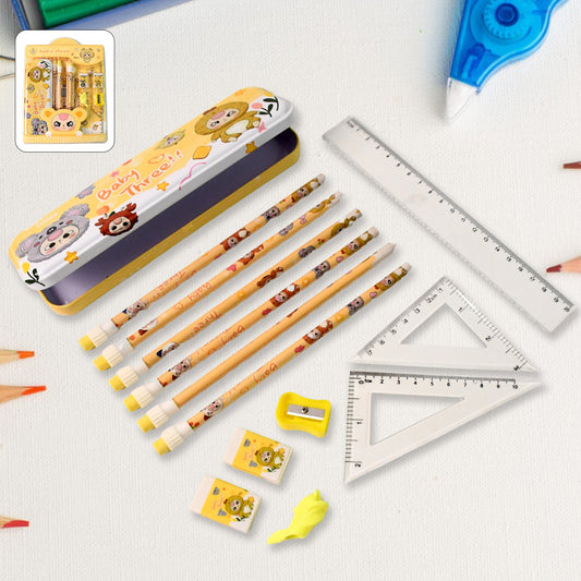 14-piece kids stationery kit with cartoon metal pencil box and colorful printed pencils