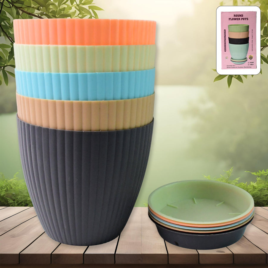 Plastic Flower Pot Set – Round 5 Pcs with Tray |