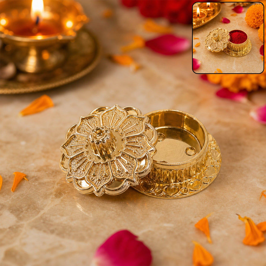 Golden Pooja Kankavati – Elegant Religious Storage Container