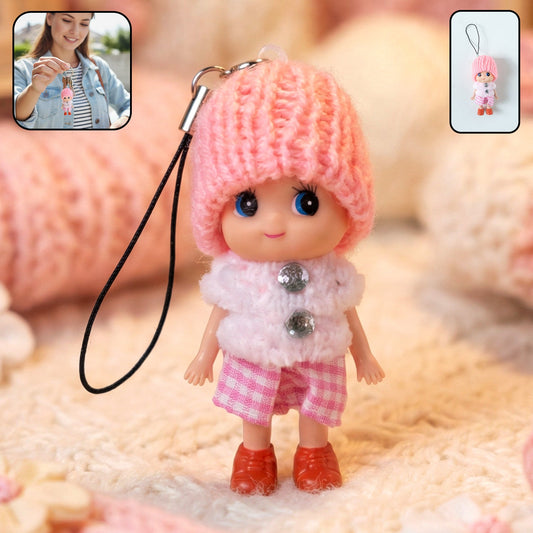 Cute mini doll keychain with knitted cap and vibrant outfit