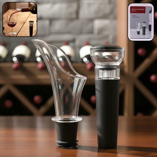 Elegant wine pourer and vacuum stopper set for drip-free serving