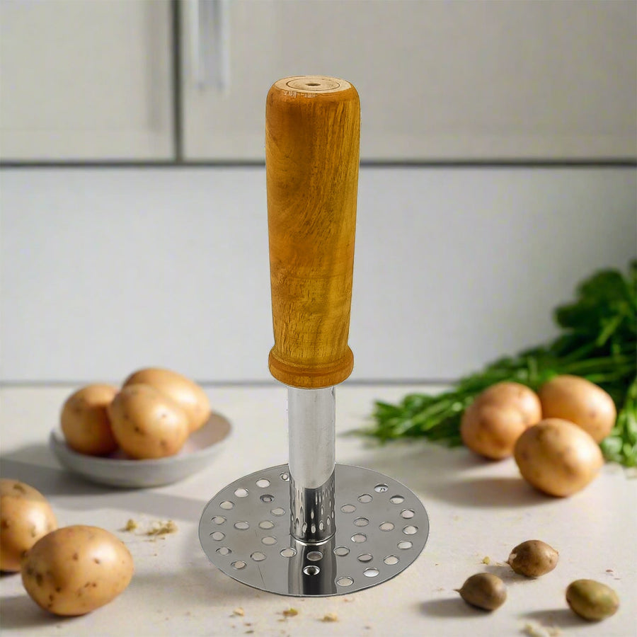 Stainless Steel Potato Masher – Wooden Handle, Durable | Quickslice
