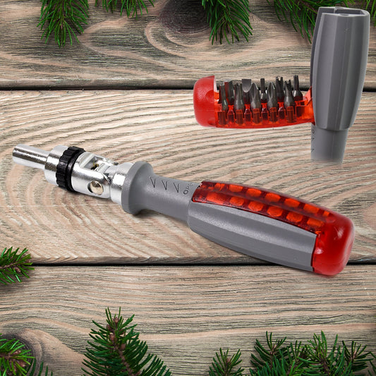 BoltForce Ratchet Screwdriver Set with adjustable angle and 20 bits, ready for use.