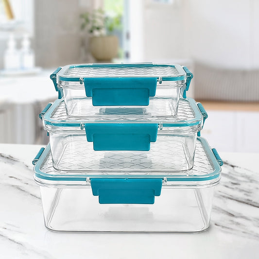 Airtight plastic lunch box set with secure locking lids shown from front