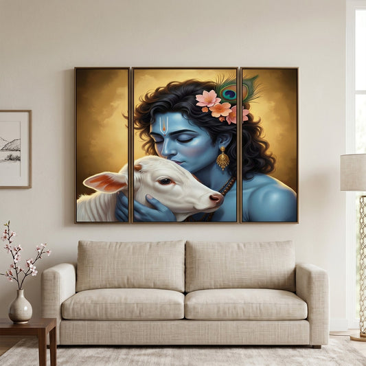 Krishna cow 3 panel wall art frame with vibrant colors