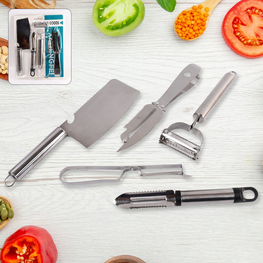 5-piece stainless steel kitchen gadget set featuring peeler, grater, and slicer for effortless food prep
