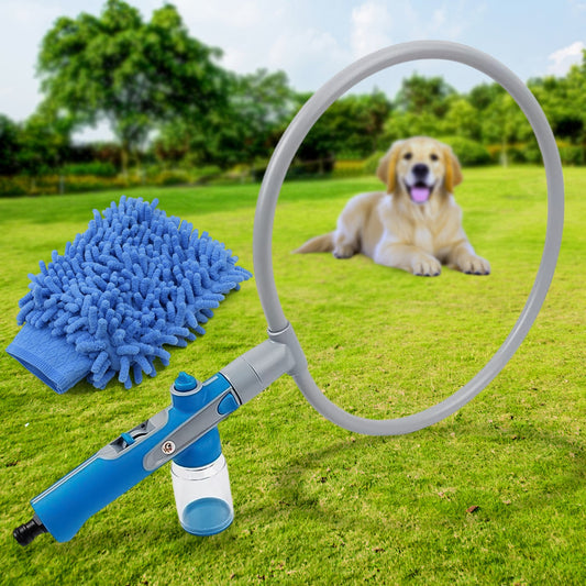 Pet Shower Sprayer in action, showing water jets gently cleaning a dog.