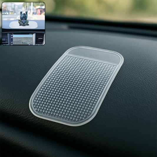 Large transparent non-slip silicone dashboard mat securing car essentials