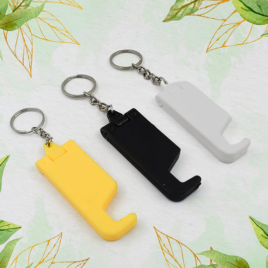 Multicolor 2-in-1 plastic keychain mobile stand.