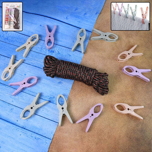 Cloth drying rope with clips set showing rope and twelve clips