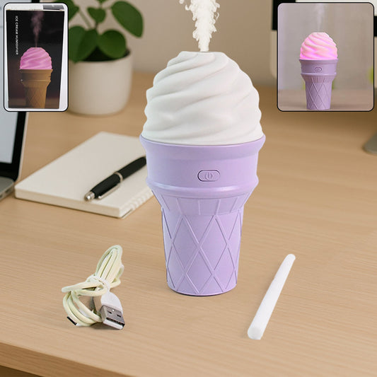 Purple ice cream cone humidifier with LED light on a desk