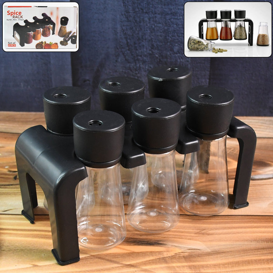 Plastic Spice Jar Set – 6-Piece Rotating Lid Organizer with Stand