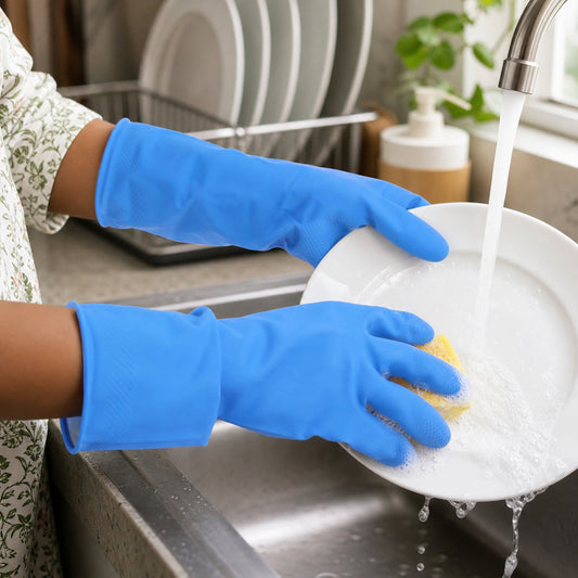 Medium blue reusable rubber cleaning gloves for household cleaning