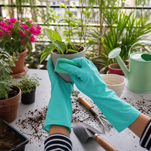 Large green rubber cleaning gloves with textured grip