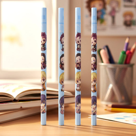Set of 4 cartoon printed wooden pencils for kids in bright colors