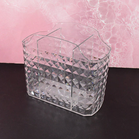 Multipurpose clear organizer holder with multiple compartments showing crystal texture