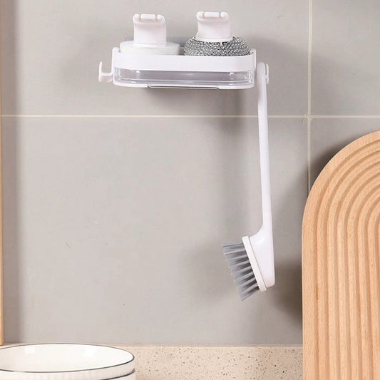 Wall mounted cleaning combo set with brush and storage tray for kitchen sink organization