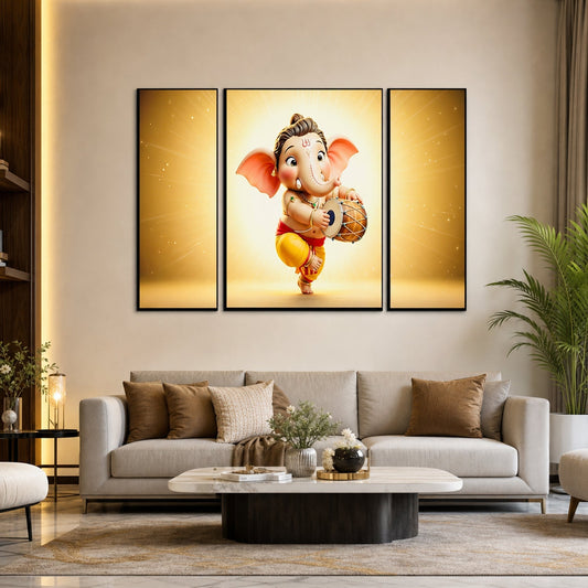 Vibrant Ganesha 3 panel MDF wall frame for home decor