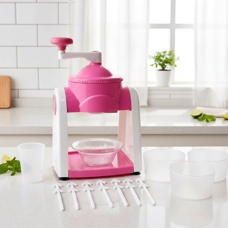 Manual Ice Crusher – Compact Pink Ice Shaver with Hand Crank
