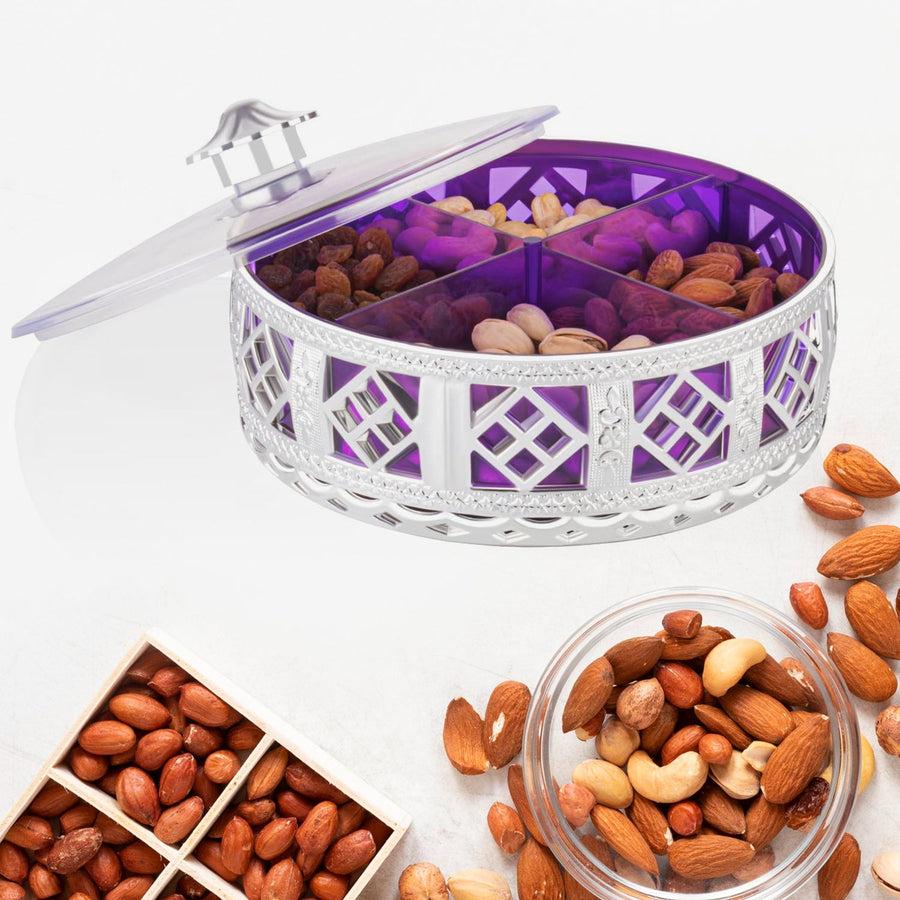 Silver Dry Fruit Box – 4-Section Round Multipurpose Gift | Tidy Table