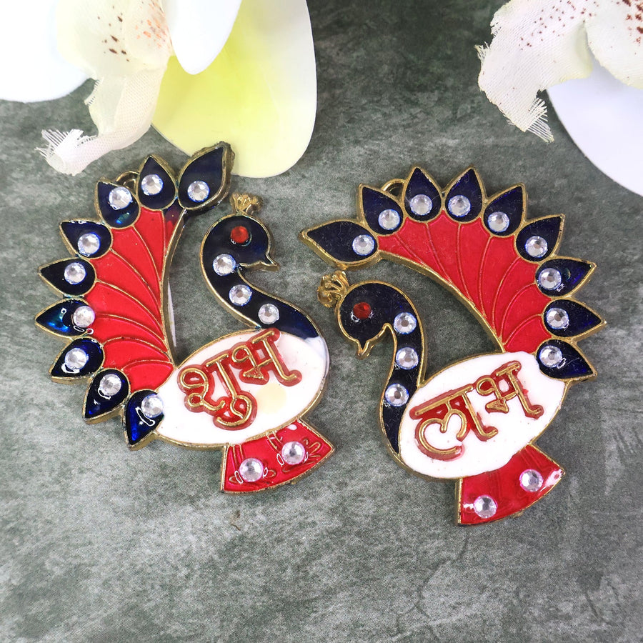 Decorative Peacock Design Shubh Labh Wall Hanging (2 Pc)