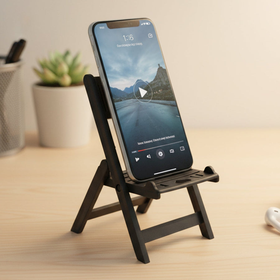 Mini Chair Mobile Stand – Foldable Black Phone Holder for Stable Viewing