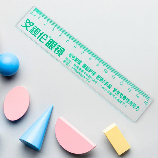 Transparent 15cm plastic scale featuring green Chinese characters on durable clear plastic