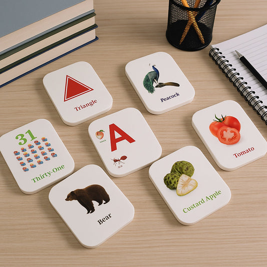 Early learner flashcard set showing colorful educational cards
