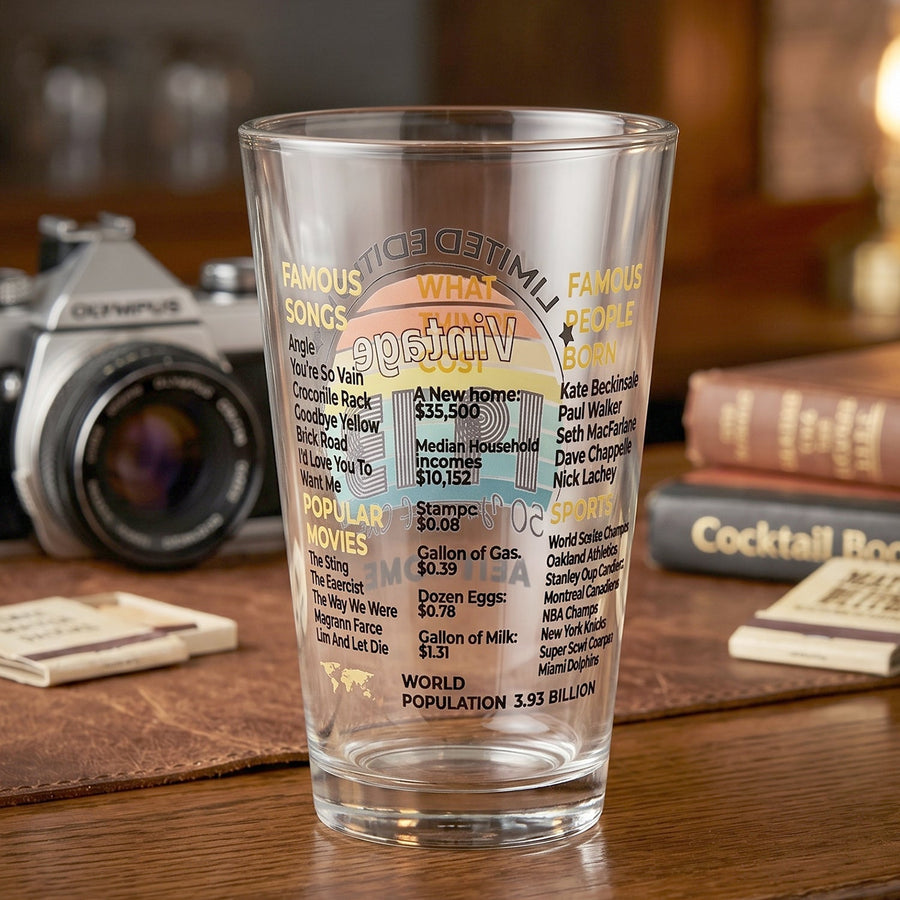 Printed Vintage Trivia Drinking Glass Ð Unique Novelty Gift