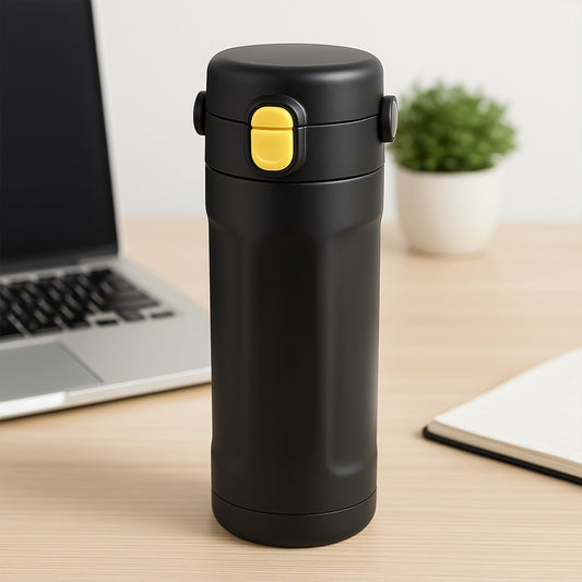 Insulated water bottle front view showing sleek, leak-proof design