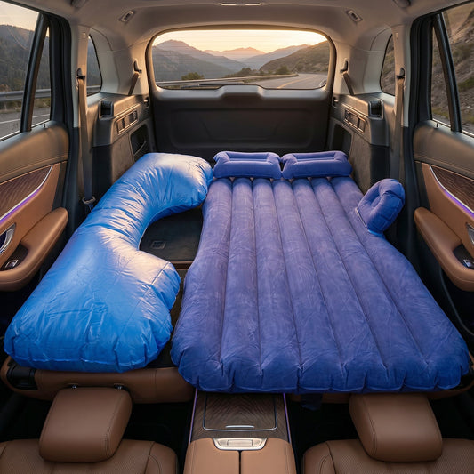 Main view of Portable Car Air Mattress Bed Set in blue showing its setup