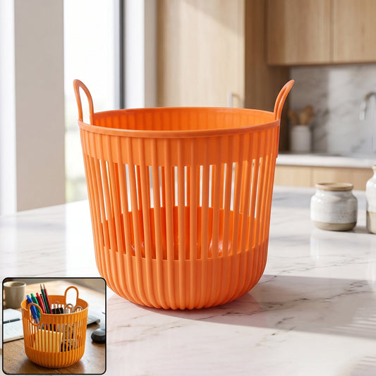Plastic round storage basket with dual handles and Roman pattern