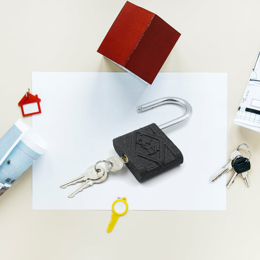75mm black iron padlock with brass core, ideal for securing gates and sheds.