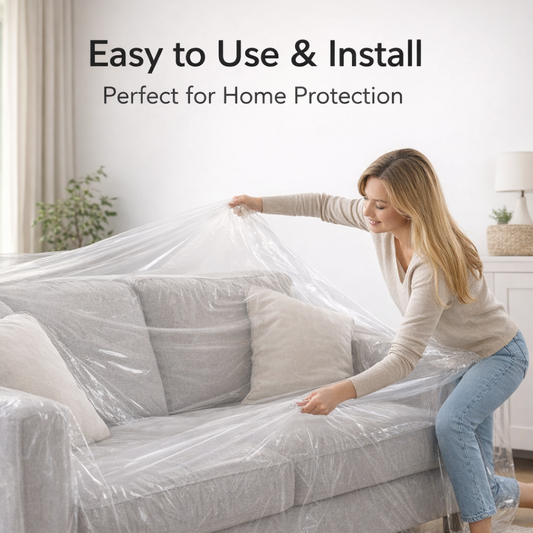 Person covering a beige sofa with a clear disposable furniture cover.