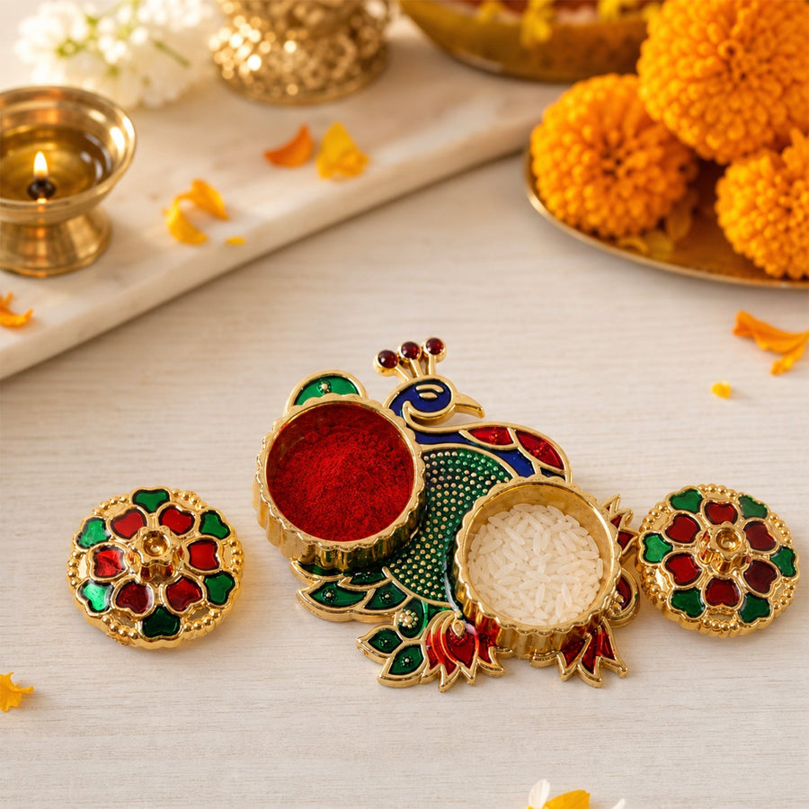 Peacock Kumkum Dani Kankavati Ð Elegant Pooja & Ritual Holder