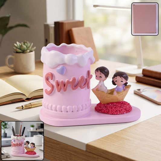 Charming resin couple pen holder in pastel pink color