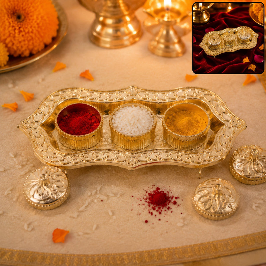 Kankavati Ð Elegant 3-Compartment Puja Holder for Sacred Rituals