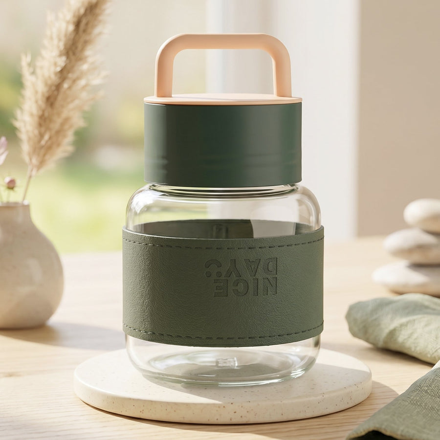 Glass Water Bottle Ð Stylish, Portable with Handle & Leather Sleeve