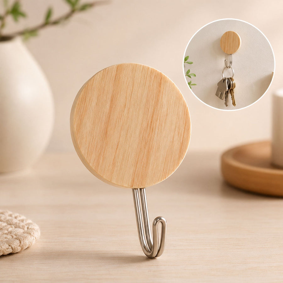 Self-Adhesive Wall Hooks Ð No Drill, Stylish Wooden Finish