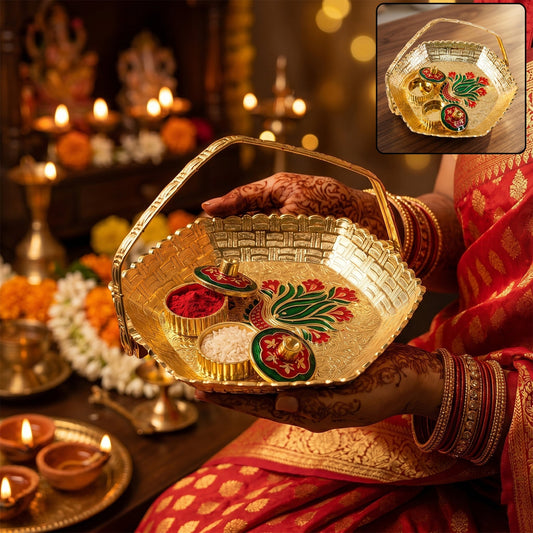 Golden Kumkum Kankavati basket with handle and meenakari floral artwork
