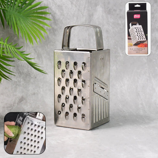 Stainless steel 4-in-1 compact grater and slicer front view showing versatile blades
