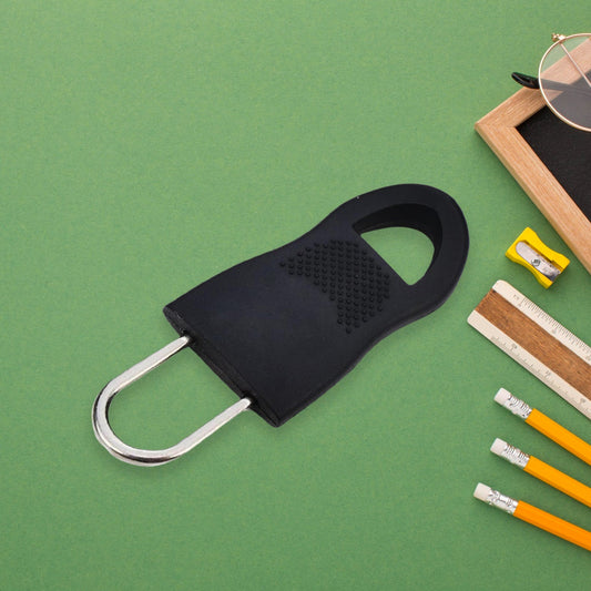 Set of 10 black plastic zipper pull tabs, ideal for luggage repair.